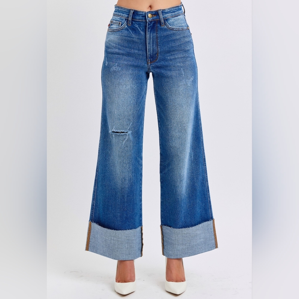 Judy Blue High-Rise Torn Boyfriend Jeans Ultra Wide Leg Cuff Raw Hem Denim Pants - Picture 15 of 16